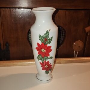 Elegant White Vase with Red Poinsettia Design